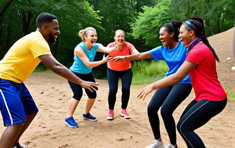 ** A dynamic scene of a recreation leader engaging a diverse group in a lively outdoor activity. Emphasize energy, inclusivity, and the leader's skill in guiding the group with enthusiasm. Focus on showing the 'soft skills' needed rather than physical prowess. Colors should be vibrant and uplifting.
**