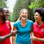 **

A diverse group of people laughing and engaging in a team-building activity outdoors. The focus is on capturing genuine smiles and positive interaction. The scene should convey a sense of fun, connection, and personalized experience. The composition highlights the importance of understanding customer needs and fostering communication in recreational activities.

**