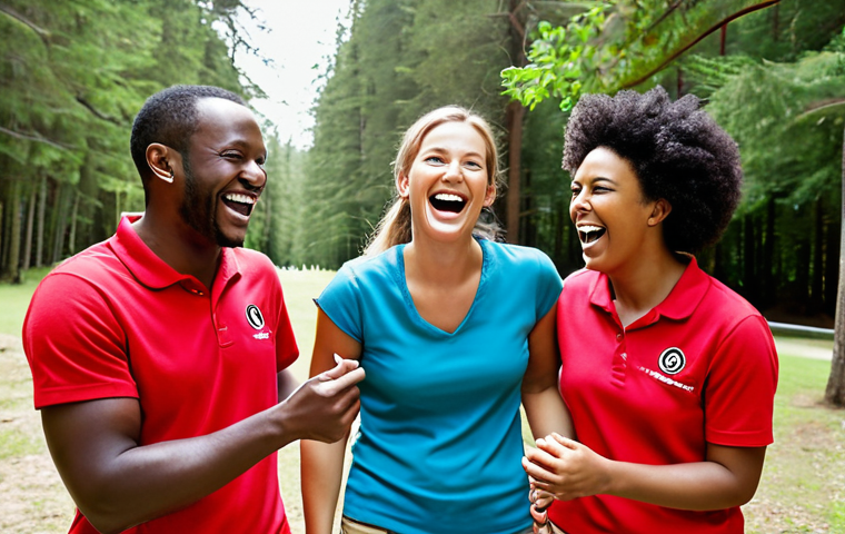 **
A diverse group of people laughing and engaging in a team-building activity outdoors. The focus is on capturing genuine smiles and positive interaction. The scene should convey a sense of fun, connection, and personalized experience. The composition highlights the importance of understanding customer needs and fostering communication in recreational activities.
**