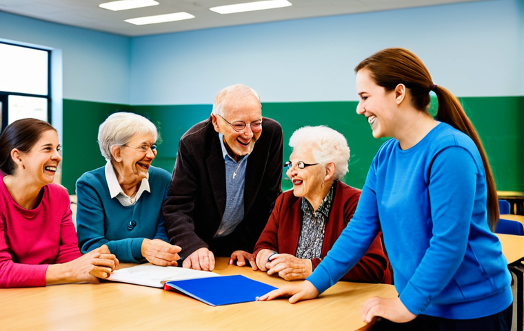 A vibrant intergenerational group, including seniors, adults, and young adults, enthusiastically participates in a community learning session. A fully clothed, professional recreation leader, in modest attire, facilitates an engaging activity that combines knowledge acquisition with joyful movement. Participants are smiling, interacting, and learning together in a bright, modern community center, surrounded by elements of both a classroom and a recreational space. The scene captures a sense of shared discovery and positive energy. perfect anatomy, correct proportions, natural pose, well-formed hands, proper finger count, natural body proportions, professional photography, high quality, safe for work, appropriate content, fully clothed, family-friendly.