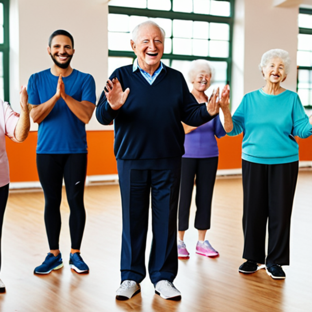 **
A professional recreation leader, fully clothed, leading a group of seniors in a gentle exercise class in a bright community center. They are smiling and engaged, safe for work, appropriate content, perfect anatomy, natural proportions, modest attire, professional photography, high quality.
**