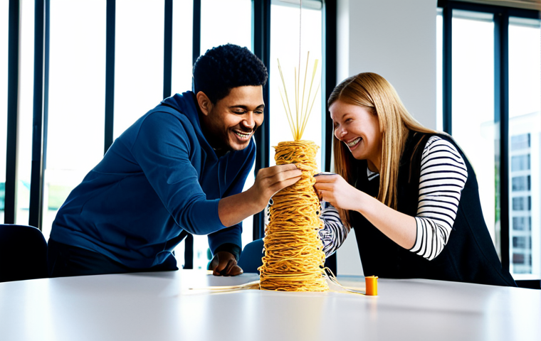**
A team building activity scene depicting the "Marshmallow Challenge". Diverse team members are collaborating to build a tower using spaghetti, tape, string, and a marshmallow. They are in a bright, modern office space. The atmosphere is energetic and collaborative, with team members smiling and focused. fully clothed, appropriate attire, safe for work, perfect anatomy, natural proportions, professional, family-friendly.
**