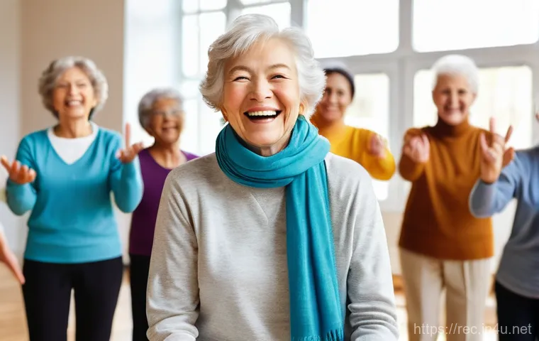 레크리에이션 지도자의 사회적 역할 - An energetic female recreation leader, around 30s, with a vibrant smile, is leading a group of cheer...