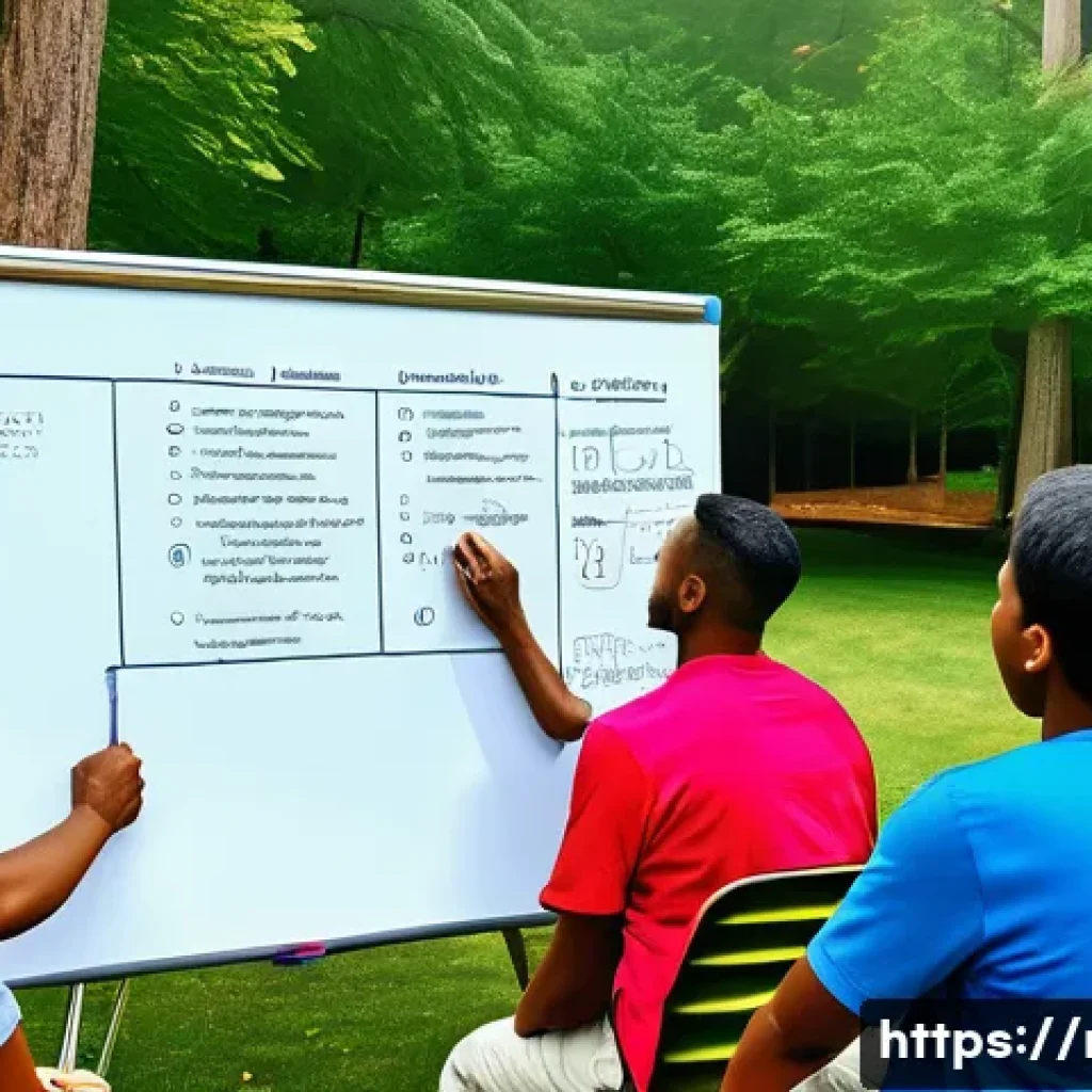 레크리에이션 지도자 업무 효율화 전략 - A diverse group of people engaged in a dynamic outdoor recreation program planning session, featurin...