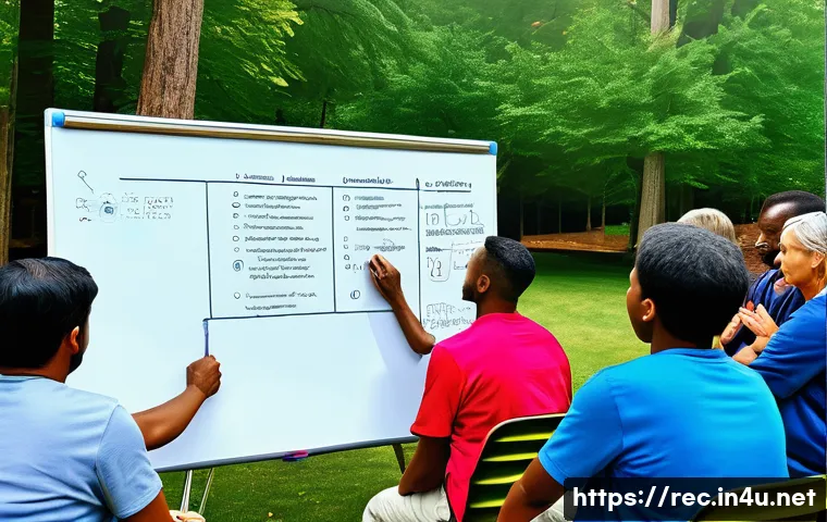 레크리에이션 지도자 업무 효율화 전략 - A diverse group of people engaged in a dynamic outdoor recreation program planning session, featurin...