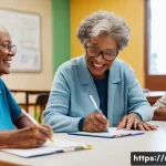 Home 22 레크리에이션 평가서 작성법 - A professional setting showing a diverse group of elderly participants engaging in a structured recr...
