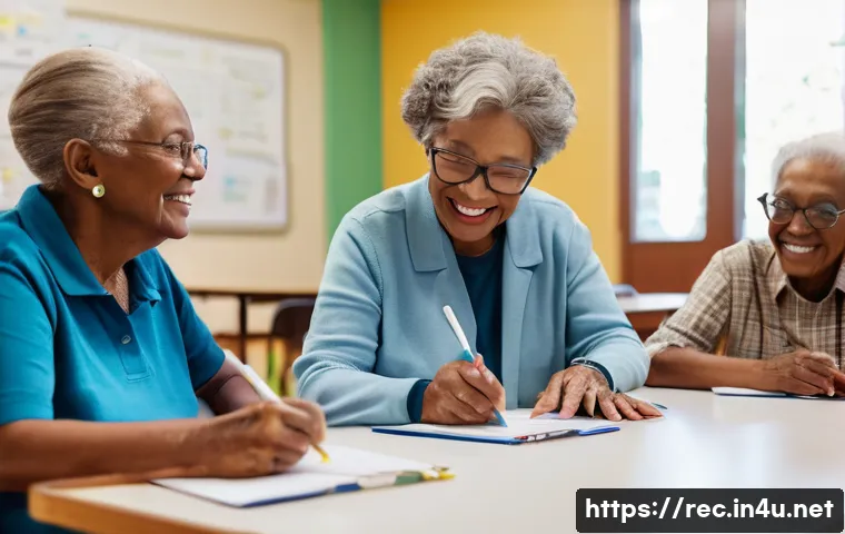 레크리에이션 평가서 작성법 - A professional setting showing a diverse group of elderly participants engaging in a structured recr...