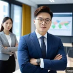 Home 20 레크리에이션 지도자와 성격 유형 분석 - A dynamic scene of an ENTJ personality type leader standing confidently in a modern office setting, ...