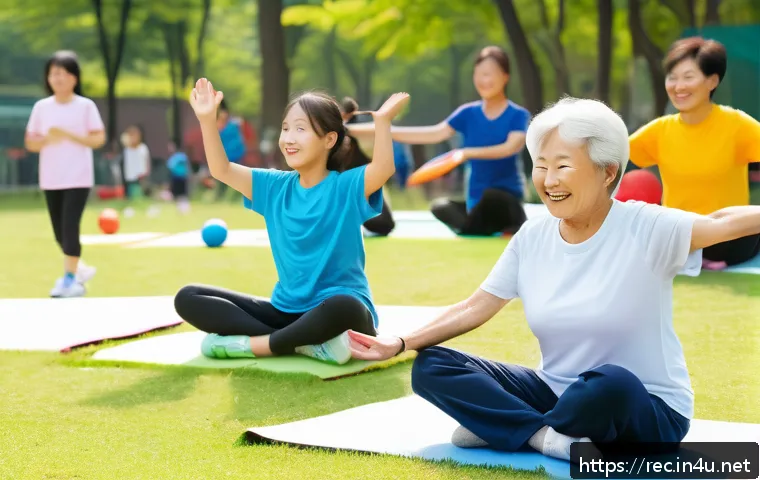 레크리에이션 지도자와 업계 트렌드 - A vibrant multi-generational recreational activity scene in a sunny community park, featuring childr...