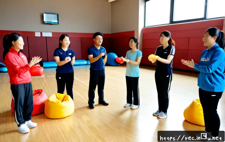 레크리에이션 실기 노하우 공유 - Photorealistic community recreation instructor leading an energetic indoor team-building practice se...